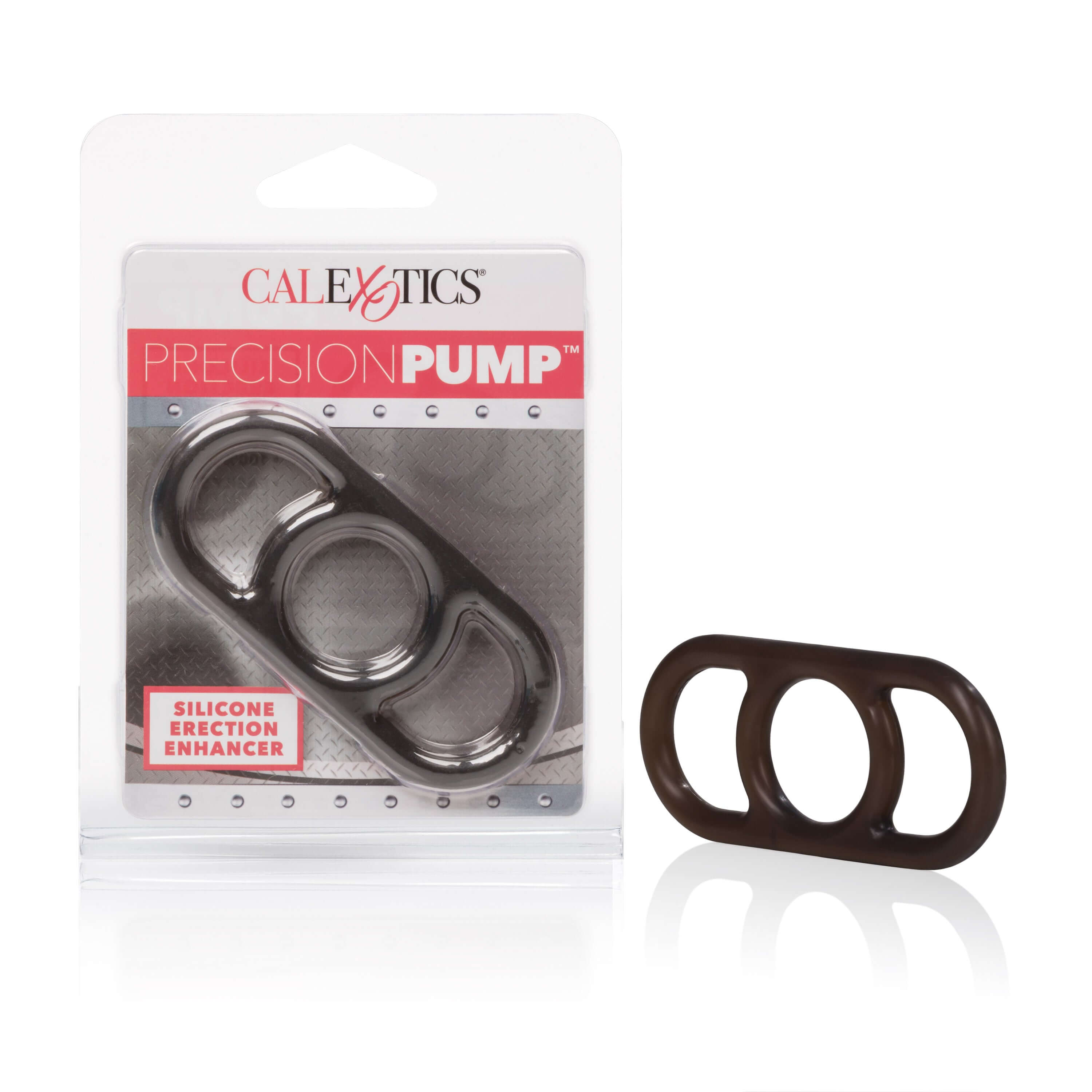 Precision Pump Silicone Erection Enhancer with packaging and stretchy two-handled ring in smoke color.