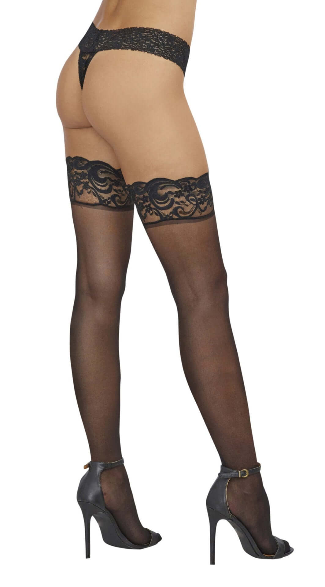 Dreamgirl Thigh High Stockings One Size Black on a model, showcasing a sheer finish with lace top and stay-up silicone lining.