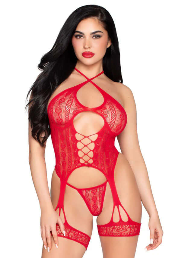 2pc Heart Net Halter Cami and G-String Panty - Os - Red-0