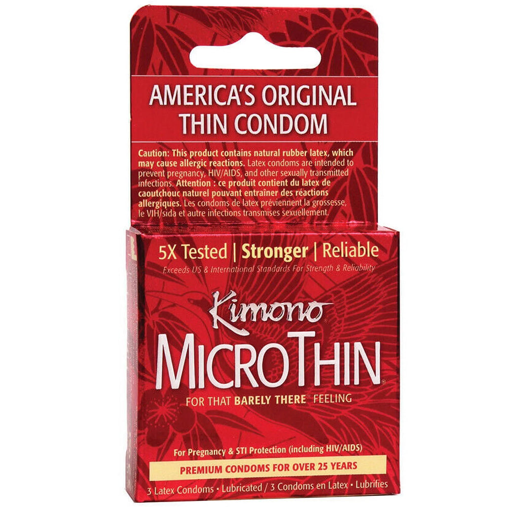 Kimono Micro Thin Condoms 3 Pack with description of features and reliability for protection and sensitivity.