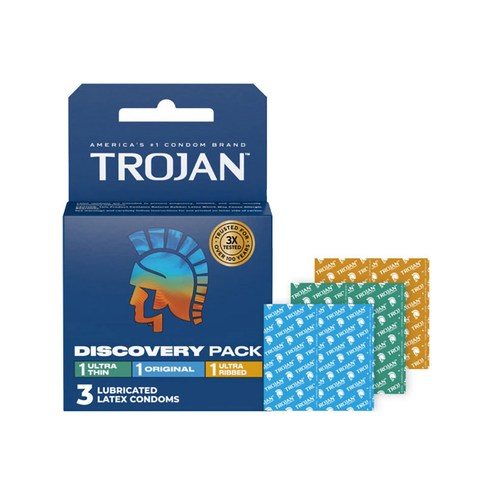 Trojan Discovery Condom Variety 3 Pack showcasing three different condom styles in packaging.