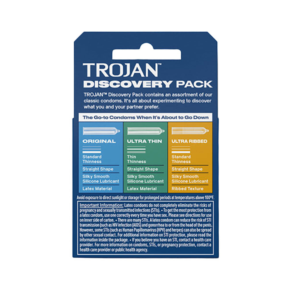 Trojan Discovery Condom Variety 3 Pack showing assortment of classic condoms for exploring different sensations.