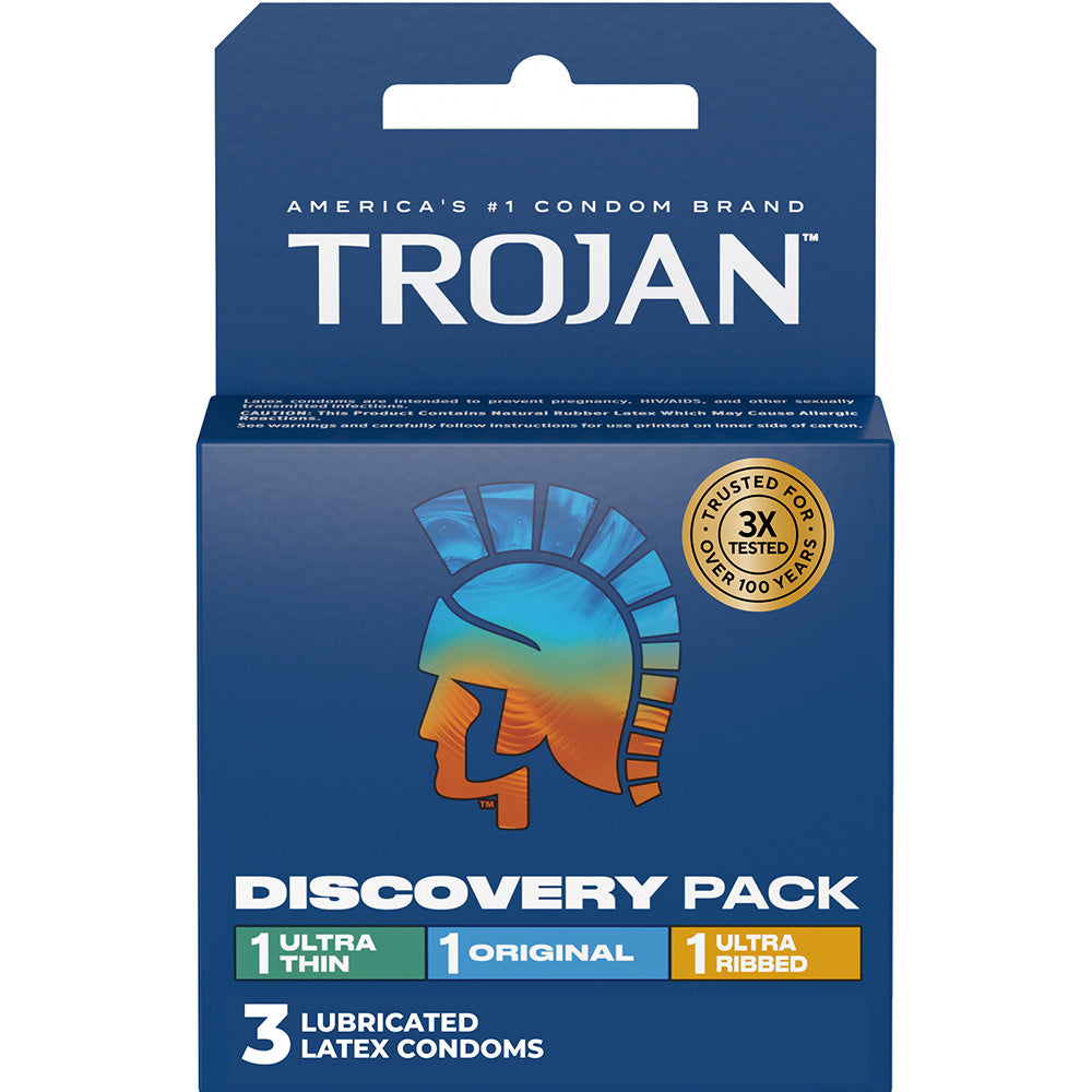 Trojan Discovery Condom Variety 3 Pack including Ultra Thin, Original, and Ultra Ribbed options.