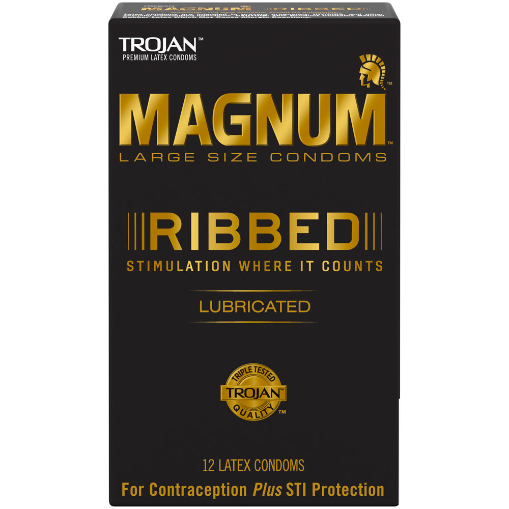 Trojan Magnum Ribbed Large Latex Condoms 12 Pack box featuring ribbed design for enhanced stimulation.