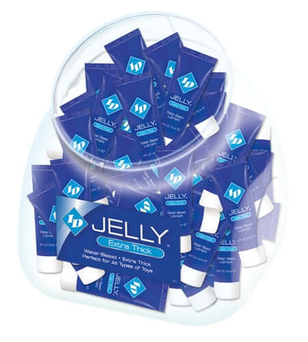 ID Jelly Extra Thick Water-Based Lubricant 2ml Tubes 72 Pc Jar in a clear container showcasing individual tubes.
