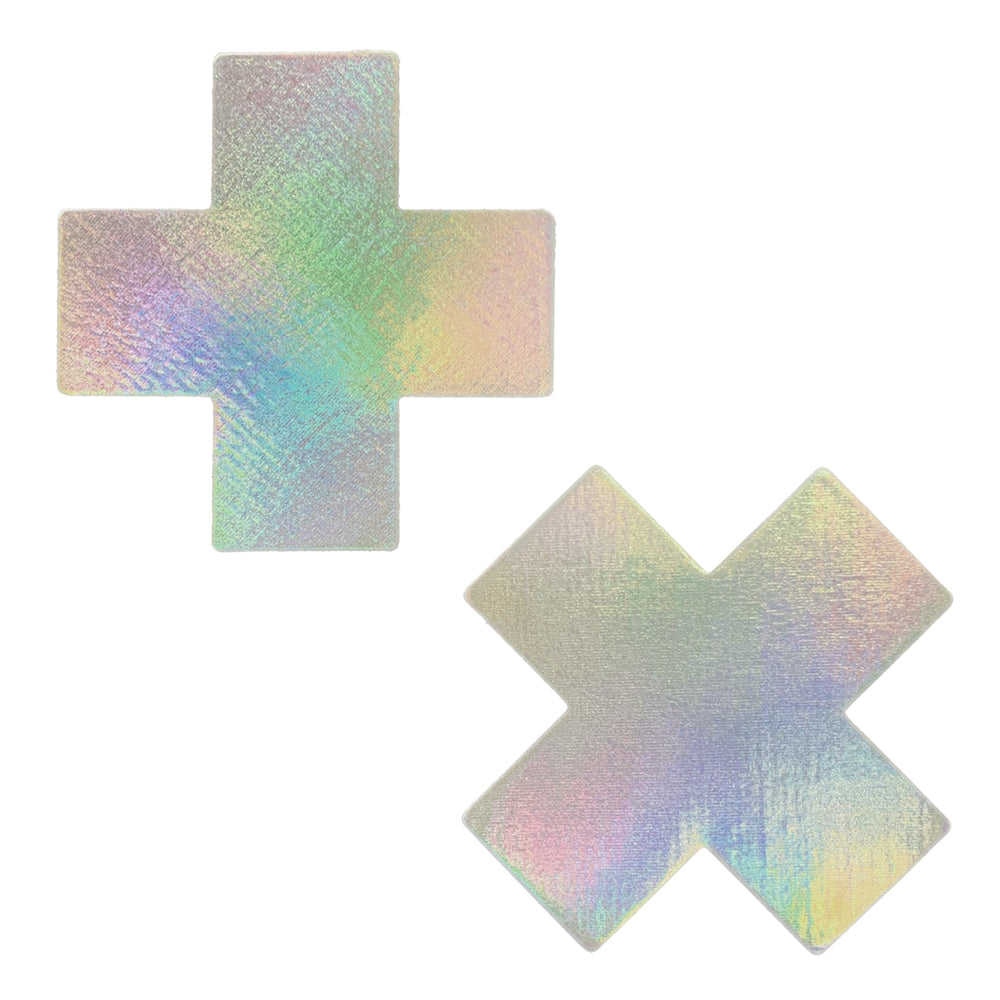 Pastease Plus X Silver Holographic Cross Nipple Pasties featuring a shiny, reflective holographic finish.