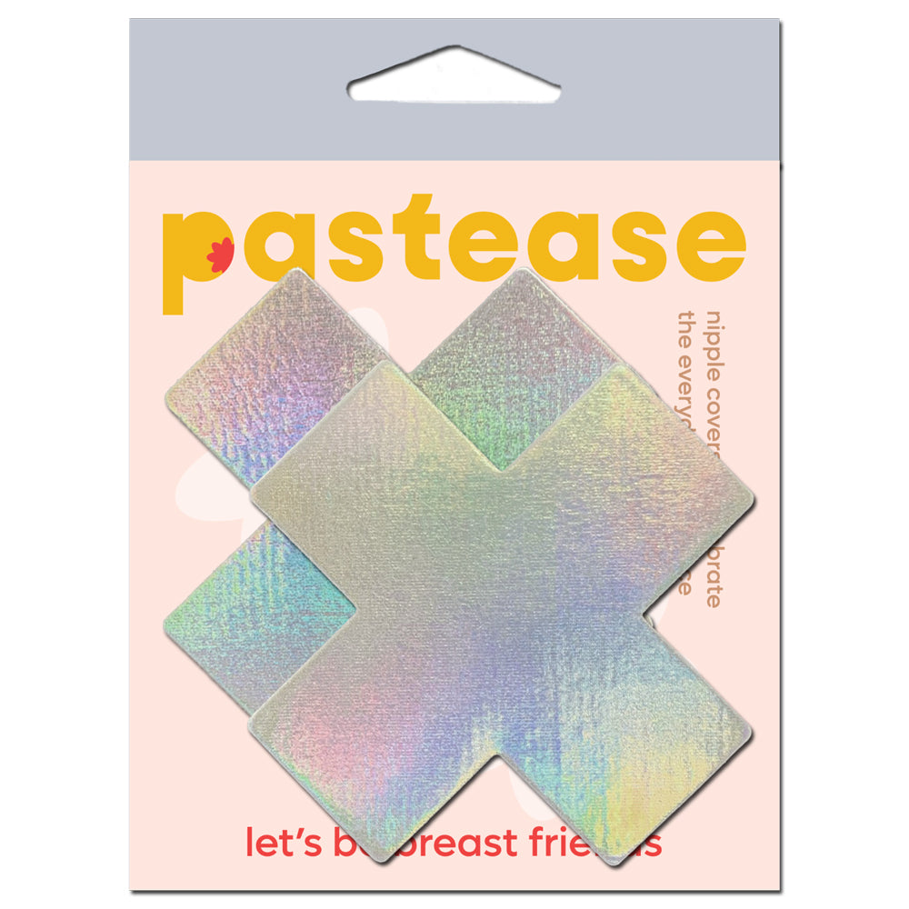 Pastease Plus X Silver Holographic Cross Nipple Pasties package featuring bold, shiny cross nipple covers.