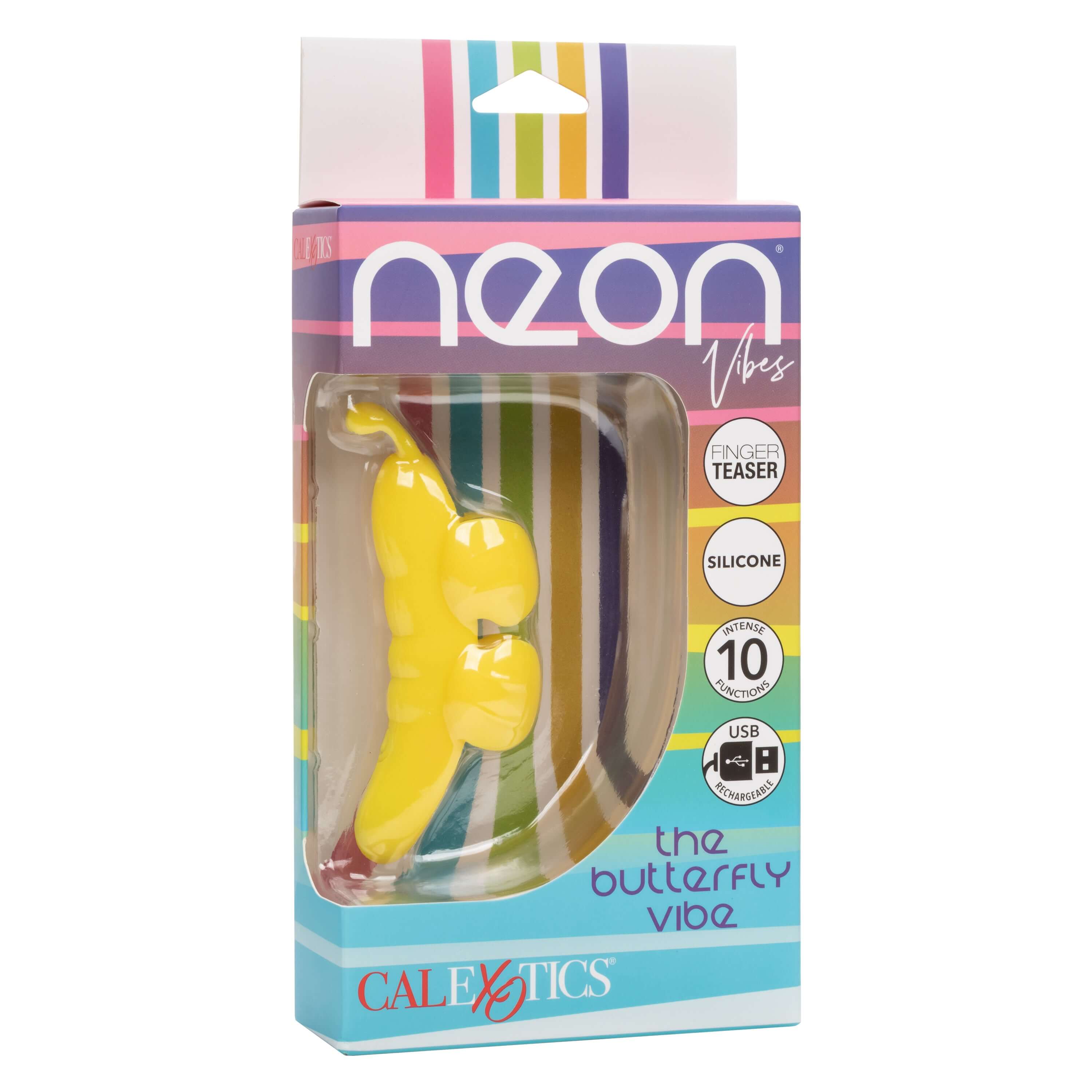 Neon Vibes the Butterfly Vibe Yellow packaging showcasing its ergonomic design and flexible features.
