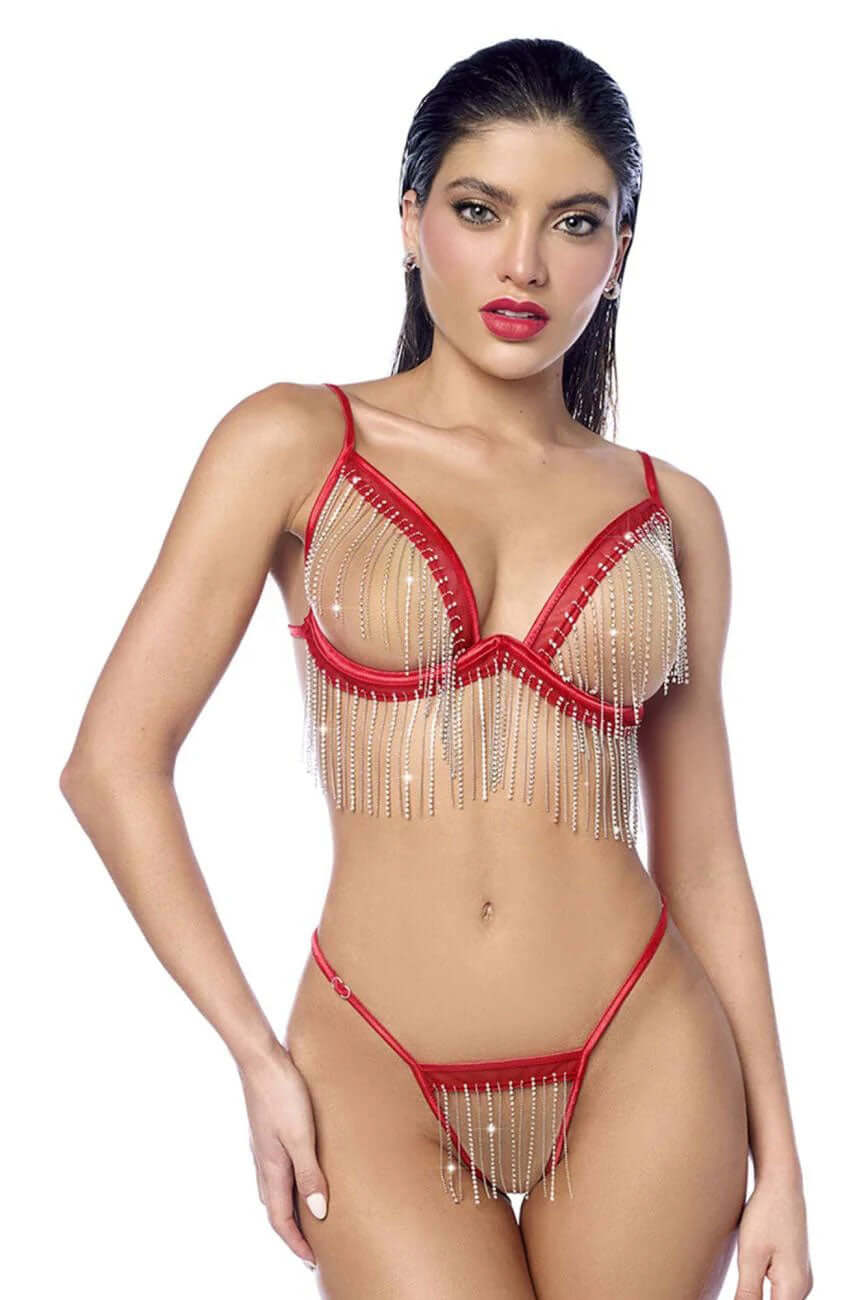 Mapale Two Piece Set Small Medium Red featuring luxurious details and a glamorous design with fringe accents.