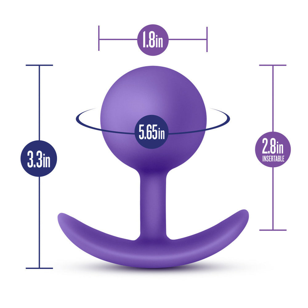 Image showcasing dimensions of Luxe Wearable Vibra Butt Plug Purple, with measurements and product details.