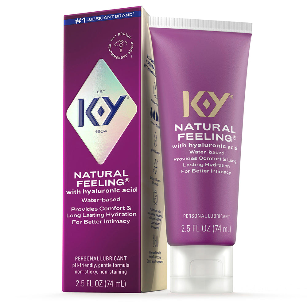K-Y Natural Feeling With Hyaluronic Acid Lubricant 2.5 Oz packaging and product design for intimate pleasure.