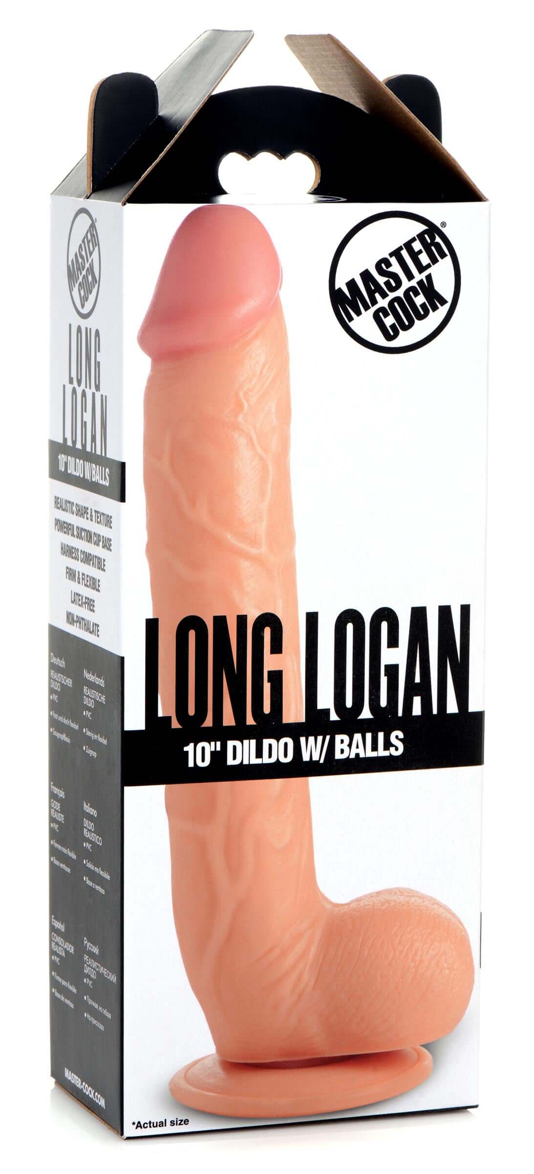 Long Logan 10 Inch Dildo With Balls Master Cock Light packaging showing a realistic design.