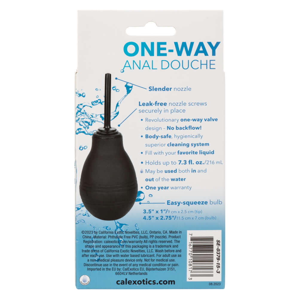 One Way Anal Douche Black packaging showing slender nozzle, leak-free design, and easy-squeeze bulb for comfortable cleansing.