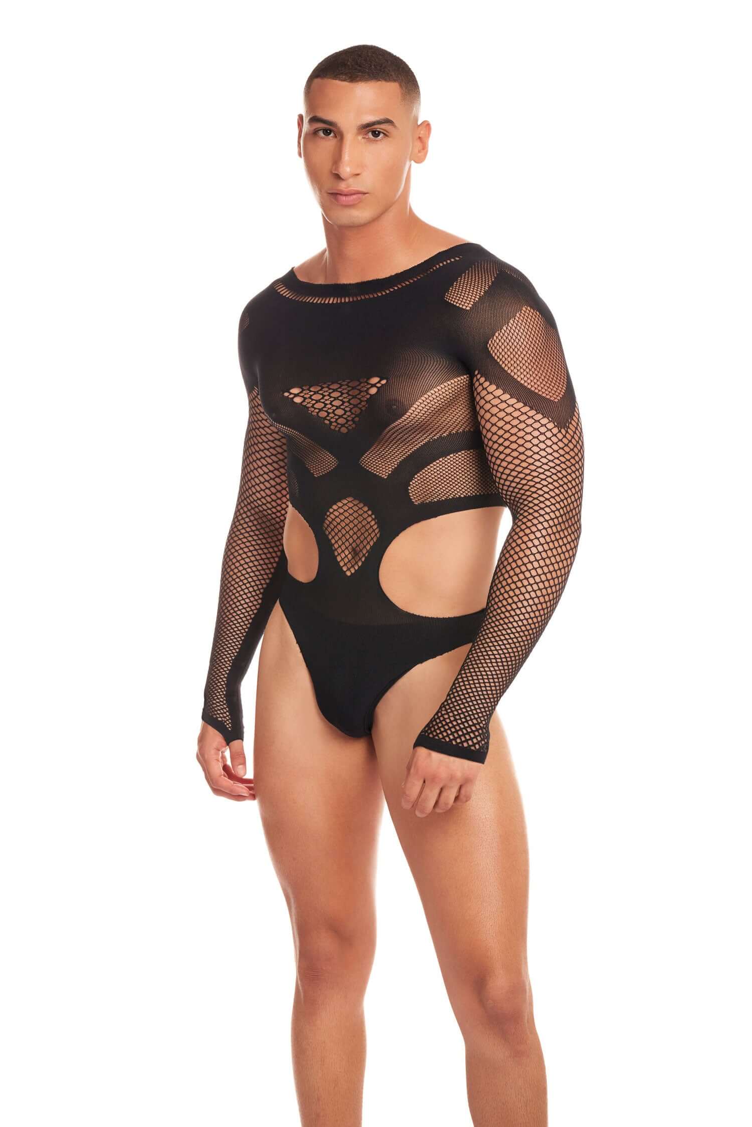 Man wearing the Out of Orbit black bodysuit, large/xl size, made from 95% nylon and 5% spandex, with mesh and cut-out details.