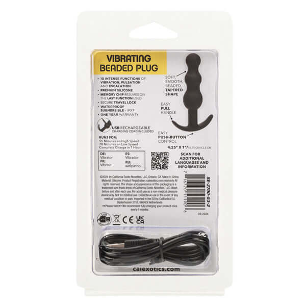 Vibrating Beaded Plug packaging, showcasing features, benefits, and USB rechargeable details, perfect for enhanced pleasure.