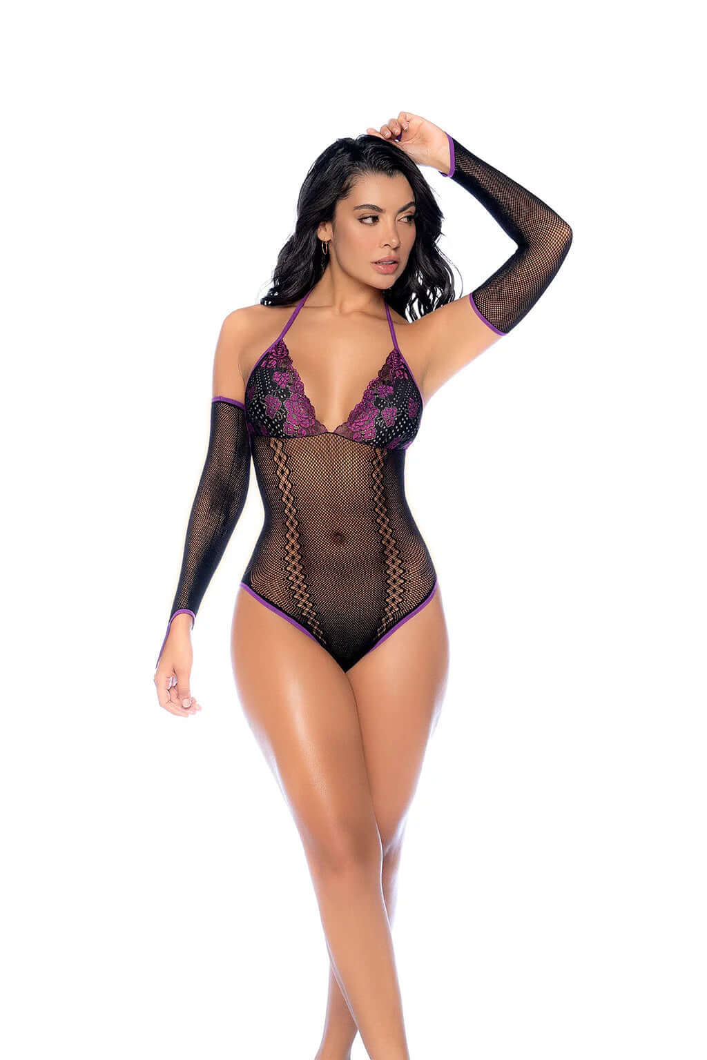 Whispered Lace Fishnet Bodysuit - Os - Black/purple-0