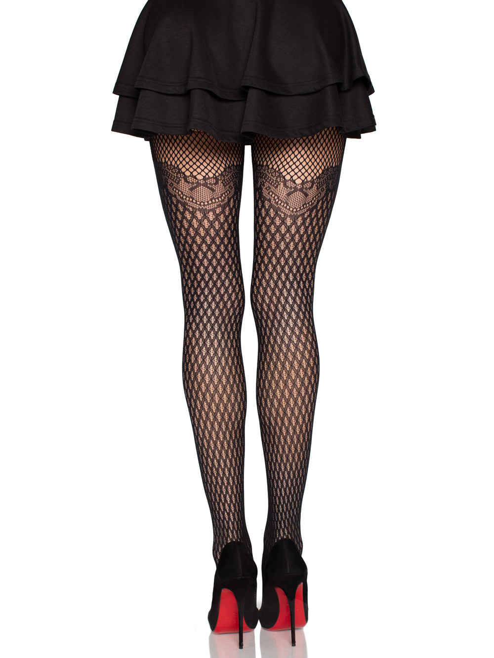 Gilded Grid Net Tights With Bow Lace Top - Os - Black-1