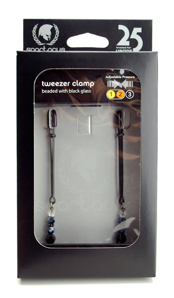 Spartacus Black Beaded Tweezer Nipple Clamps packaging featuring adjustable pressure and faux black diamond details.