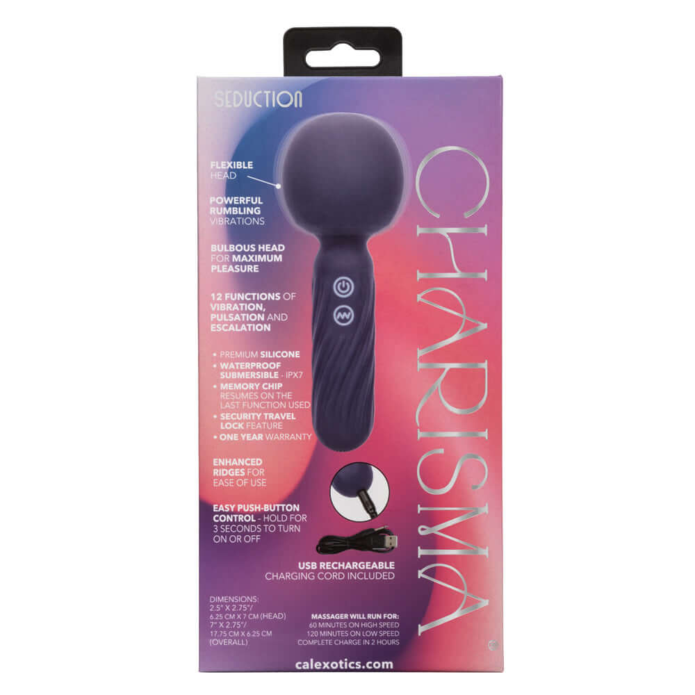 Charisma Seduction Compact Wand Massager in Blue packaging box with various features listed including flexible head, 12 functions, and USB rechargeable.