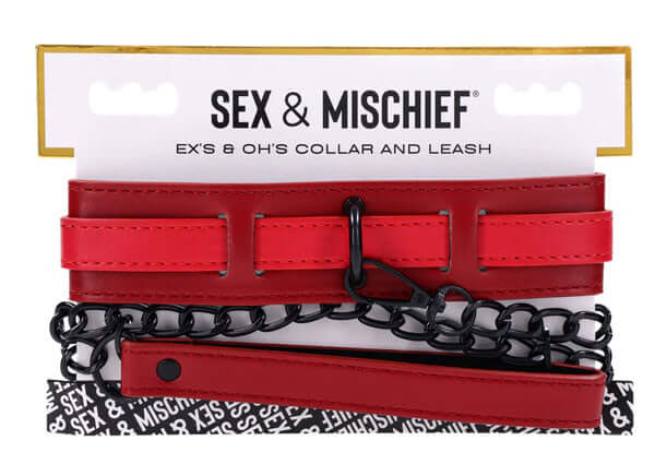 Ex's and Oh's Collar and Leash set featuring red faux leather collar and black chain leash for stylish control.