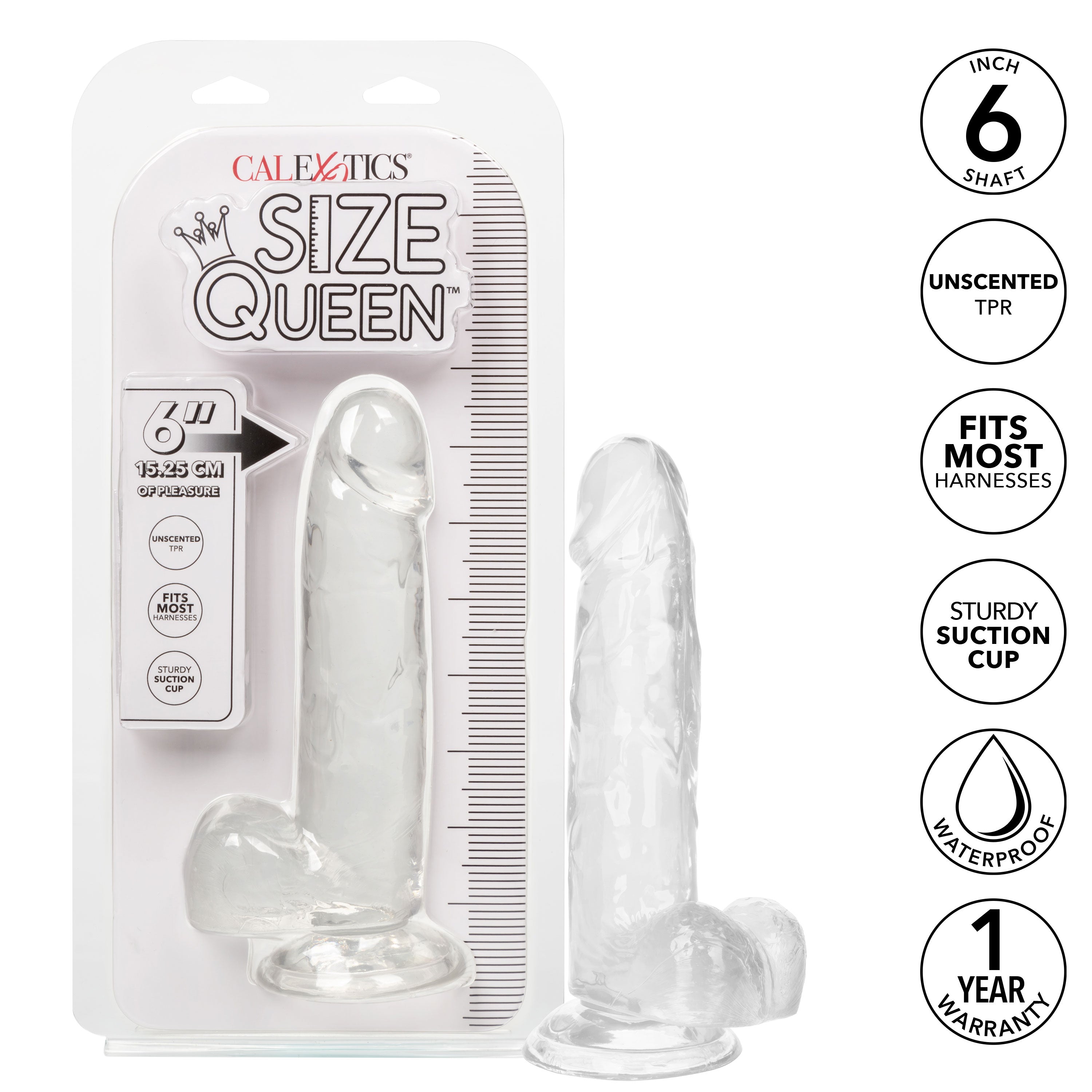 Size Queen 6 inch Realistic Dildo Clear packaged for versatility, body-safe design, and hands-free pleasure.