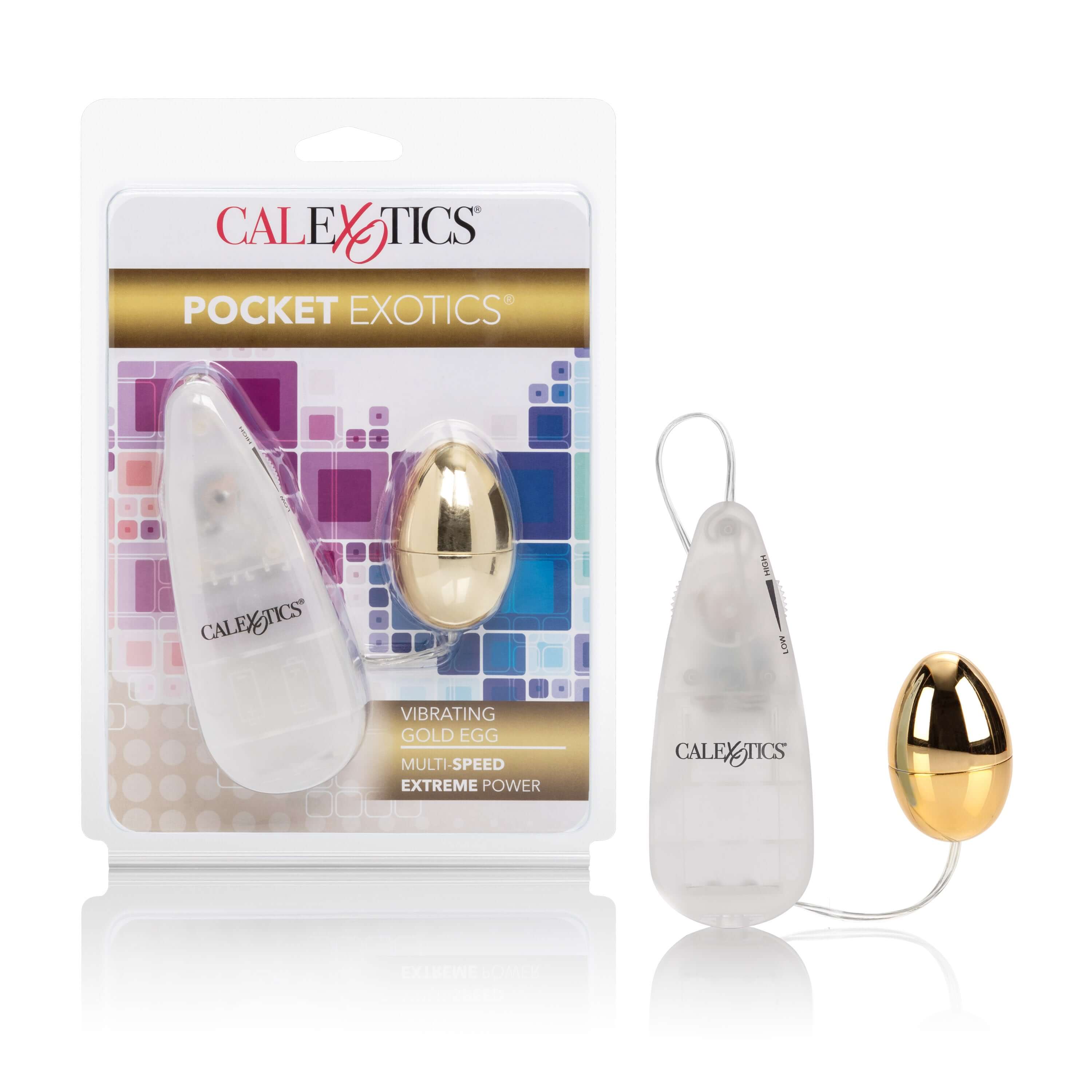 Pocket Exotics Vibrating Egg Gold in its packaging showcasing compact design and powerful features.
