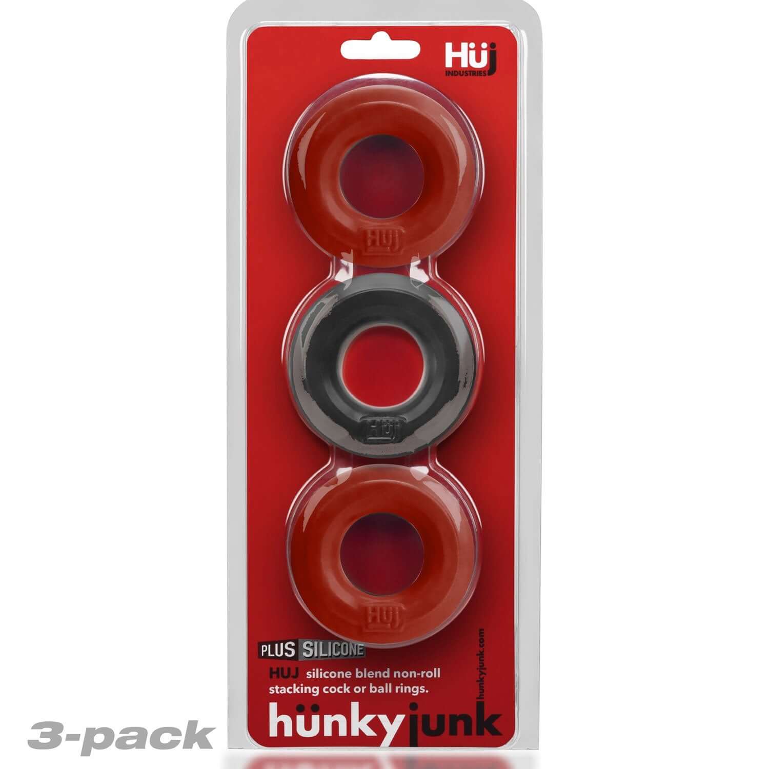 Hunkyjunk HUJ3 Silicone C-Rings 3 Pack Cherry Tar, featuring three silicone rings in various sizes.