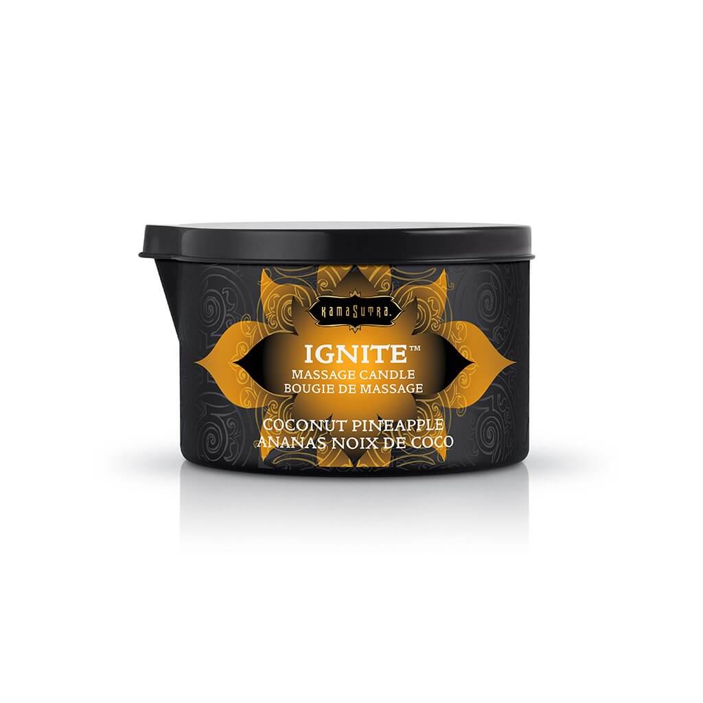 Kama Sutra Ignite Coconut Pineapple Massage Candle 6 Oz displayed in a black container with tropical design.