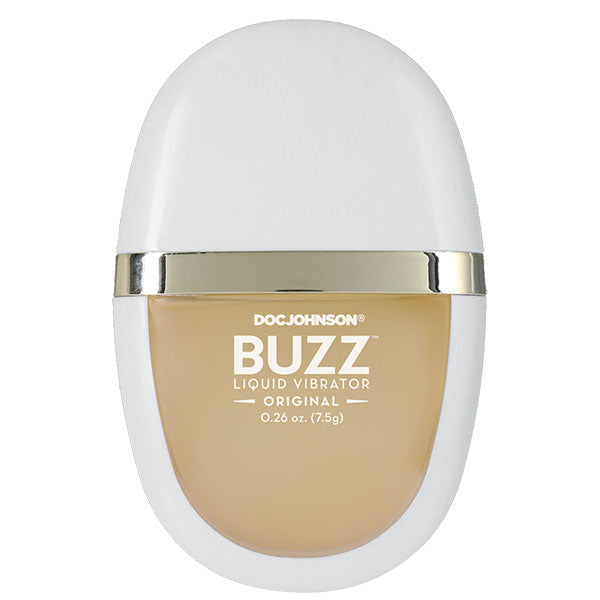 Buzz Liquid Vibrator Intimate Arousal Gel 0.26 Oz bottle with sleek design.