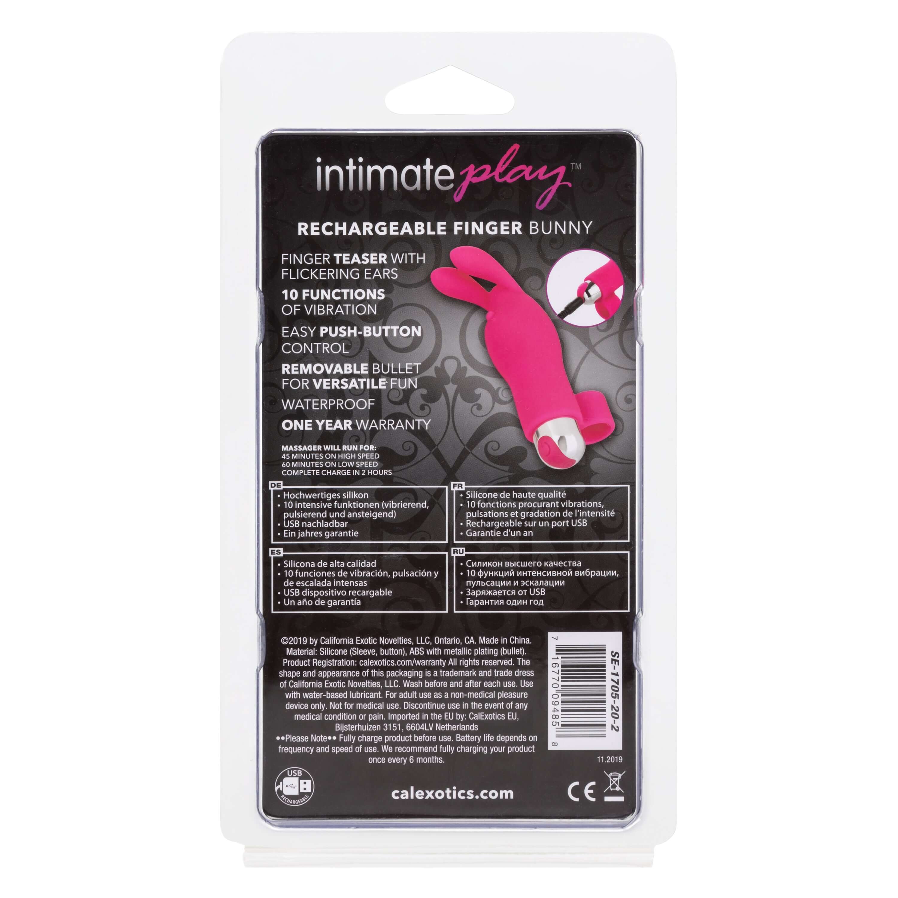Intimate Play Rechargeable Finger Bunny packaging showcasing features like vibrating ears and removable bullet.
