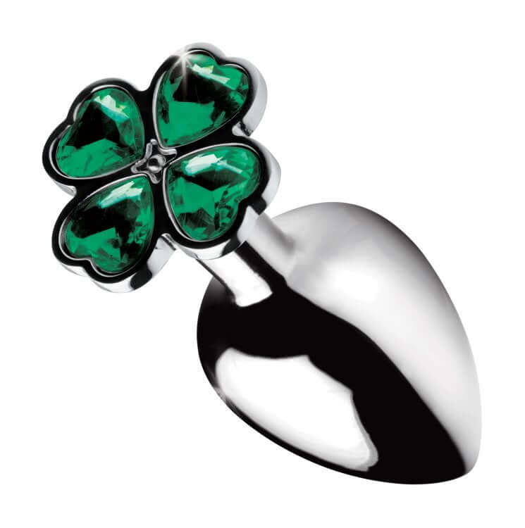 Lucky Clover Gem Anal Plug Small Booty Sparks with a shimmering clover-shaped jewel and smooth metal design.