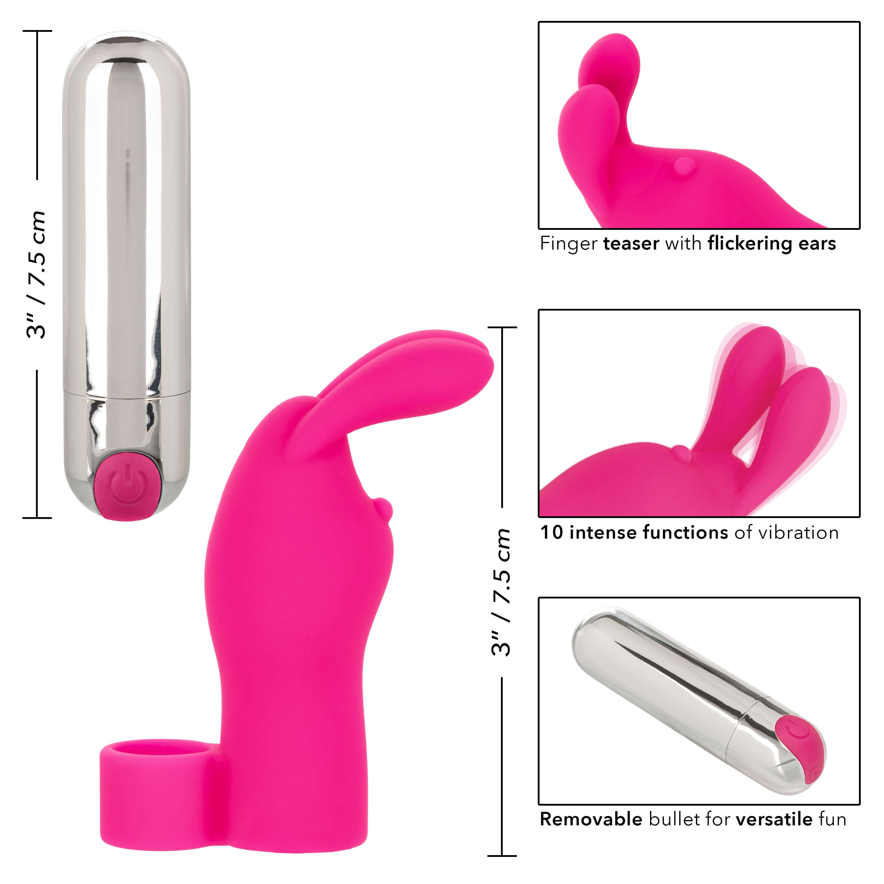 Intimate Play Rechargeable Finger Bunny in vibrant pink with removable bullet and fluttering bunny ears.