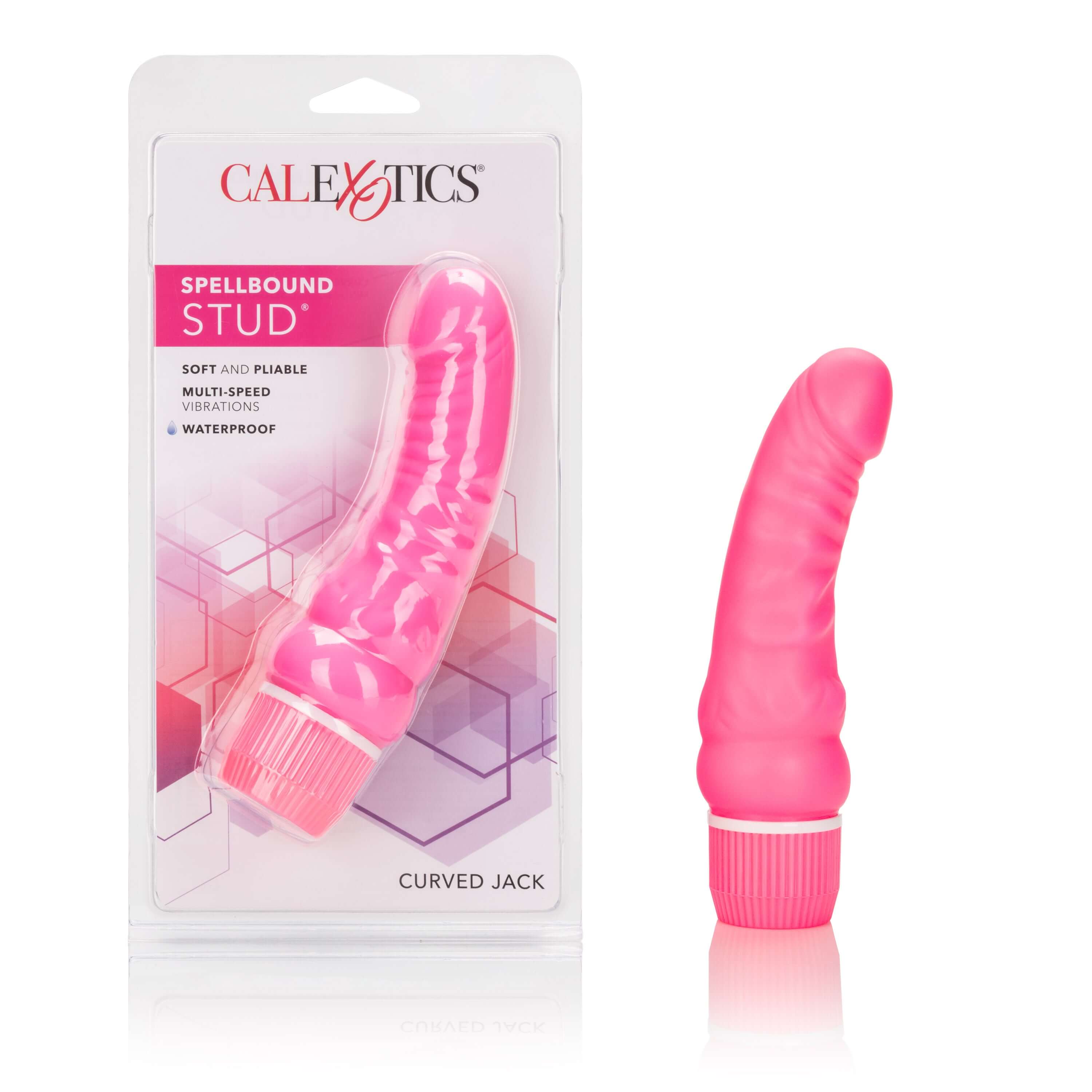 Spellbound Curved Jack Vibrator Pink packaging and product display with soft texture and multi-speed options.