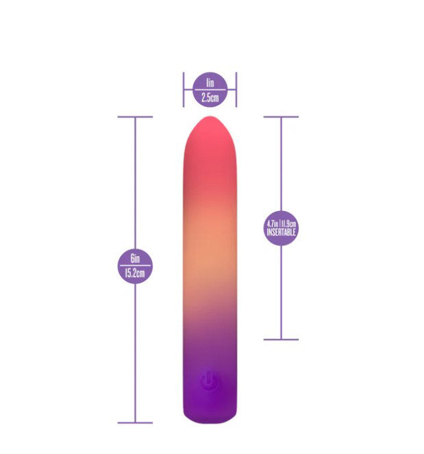 Play With Me Vibrator Sunset Passion dimensions showing 6 in length and 2.5 cm width, sleek design with gradient colors.