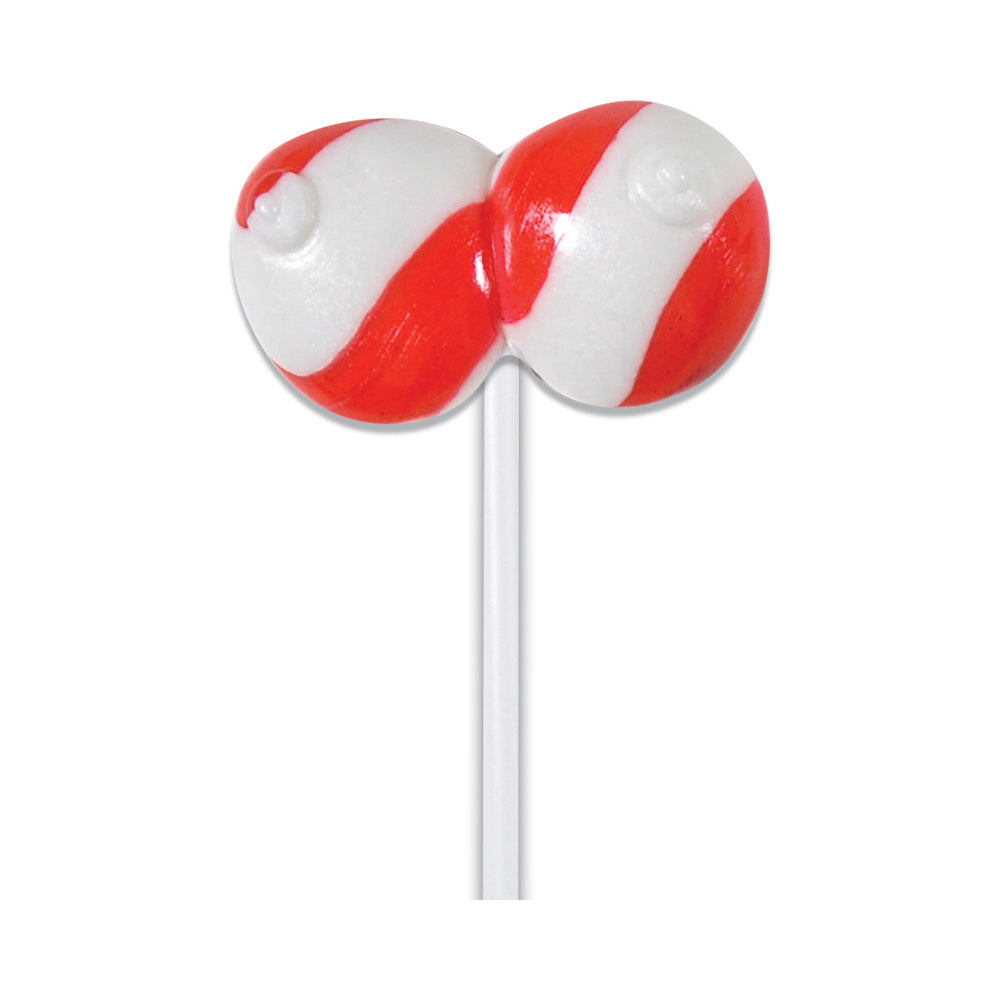 Horny Christmas Jingle Boobs Boobie Shaped Lollipop with festive red and white design on a stick.