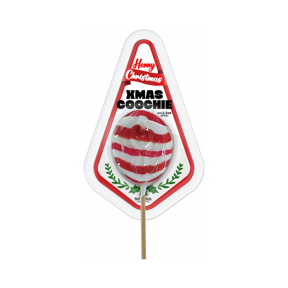 Horny Christmas X-mas Coochie Pop Novelty Candy lollipop with red and white stripes in festive packaging.