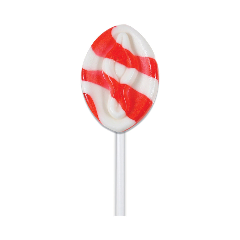 Horny Christmas X-mas Coochie Pop Novelty Candy festive lollipop in red and white stripes for adults-only holiday fun.