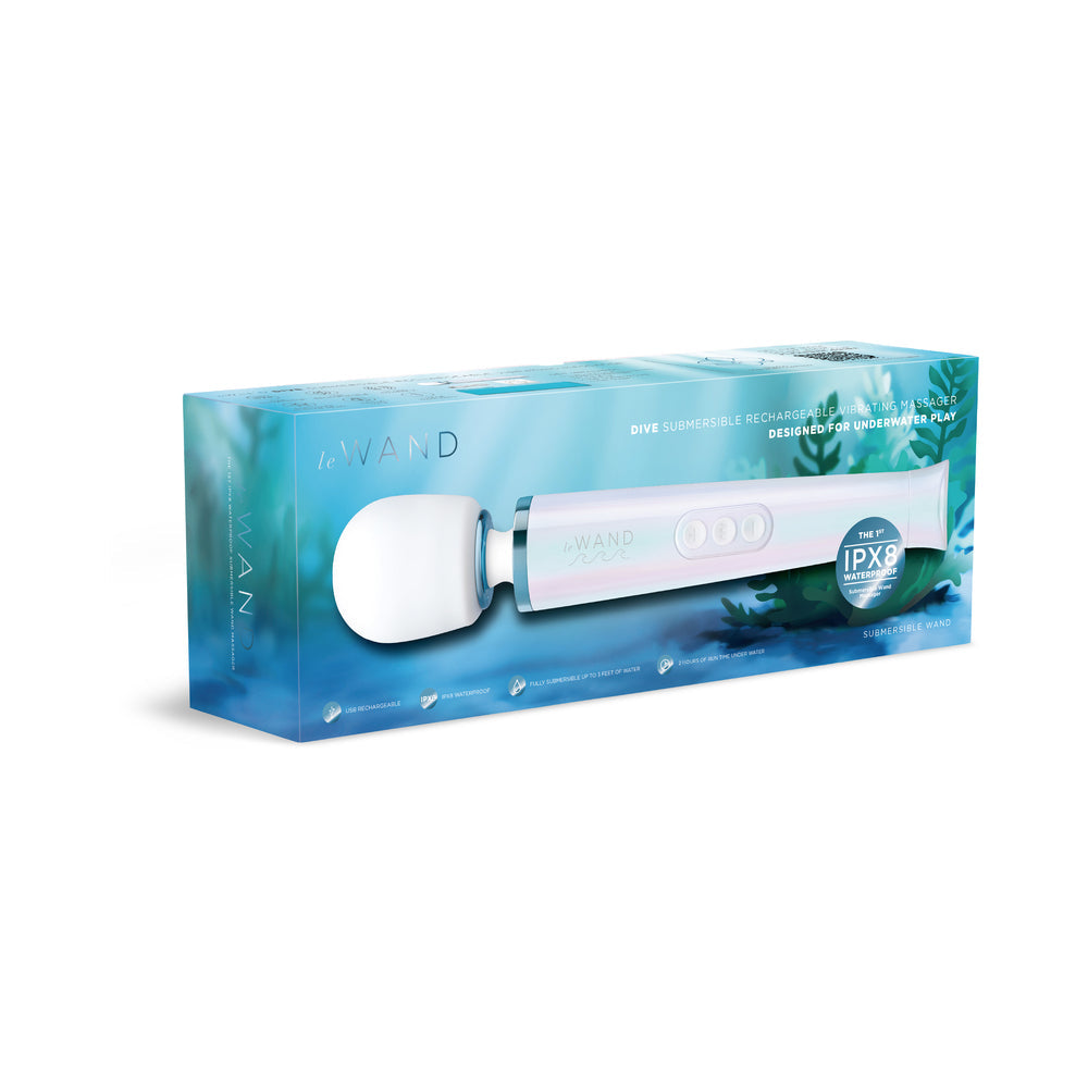 Le Wand Dive Submersible Vibrating Massager Seashell packaging design for underwater pleasure and relaxation.