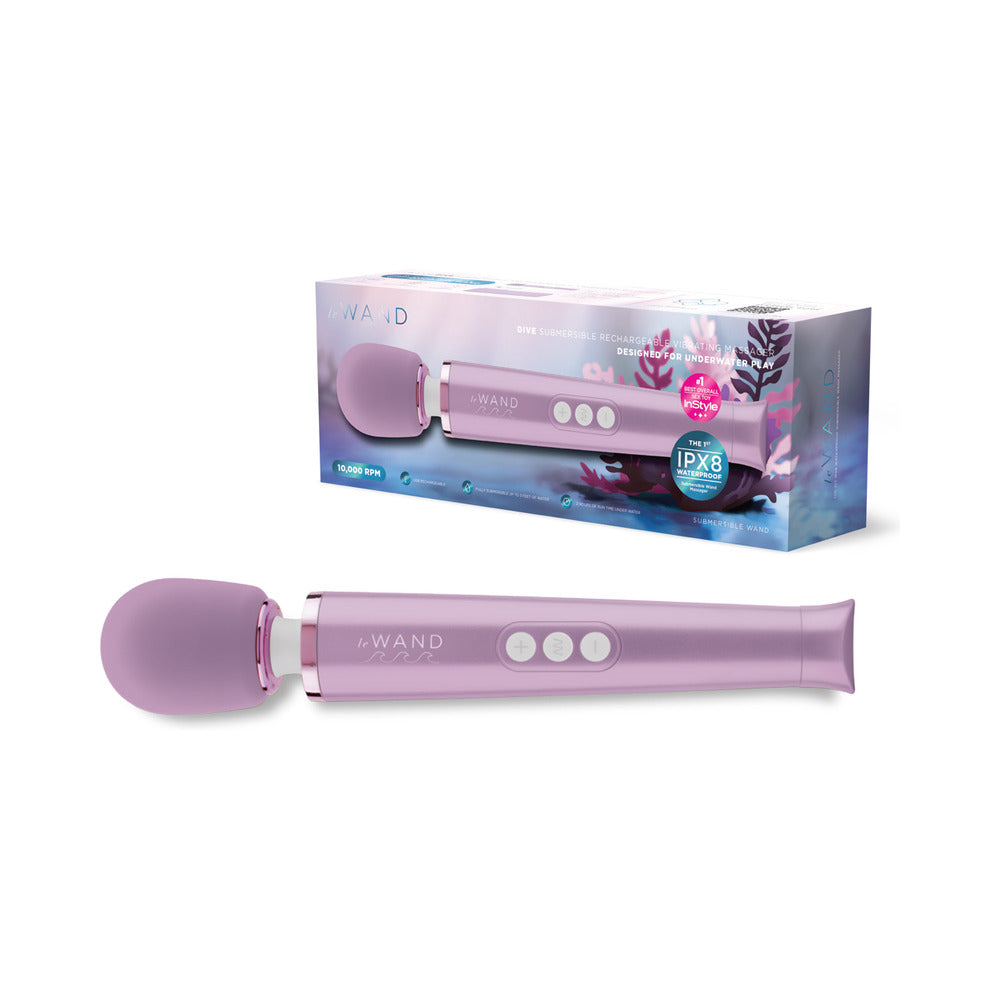 Le Wand Dive Submersible Vibrating Massager Lavender with packaging, showcasing its stylish design and waterproof features.