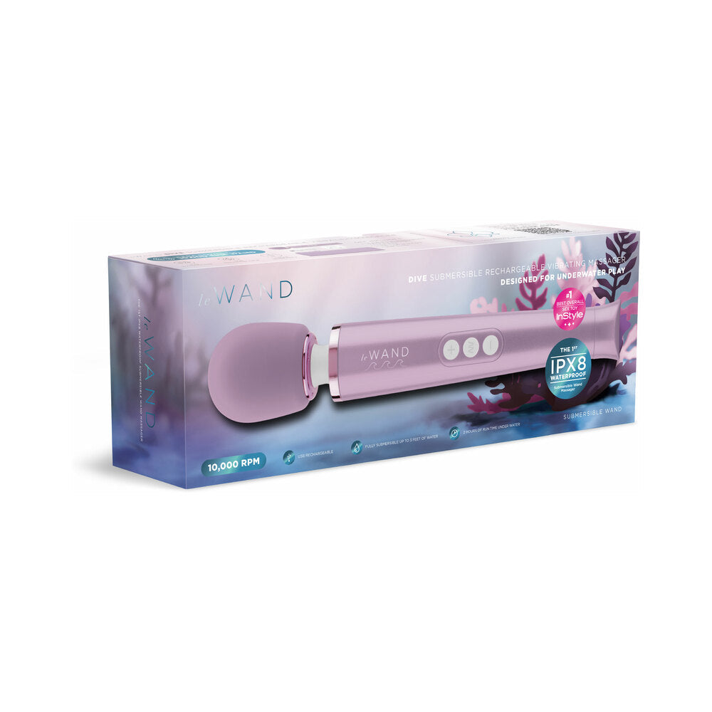 Le Wand Dive Submersible Vibrating Massager Lavender packaging with underwater play features and stylish design