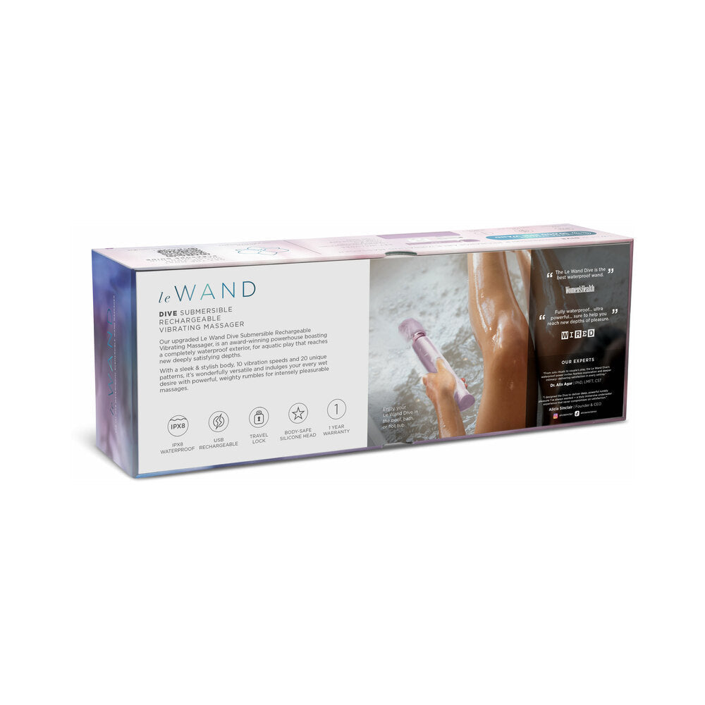 Le Wand Dive Submersible Vibrating Massager Lavender packaging showcasing its features and waterproof design.
