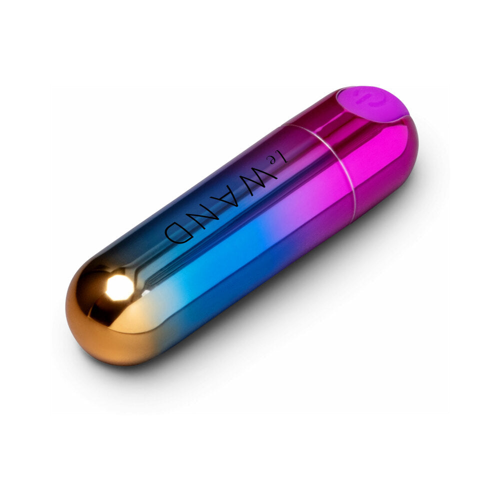 Le Wand Essentials Rechargeable Rainbow Bullet Vibrator in vibrant rainbow colors, compact and travel-friendly.