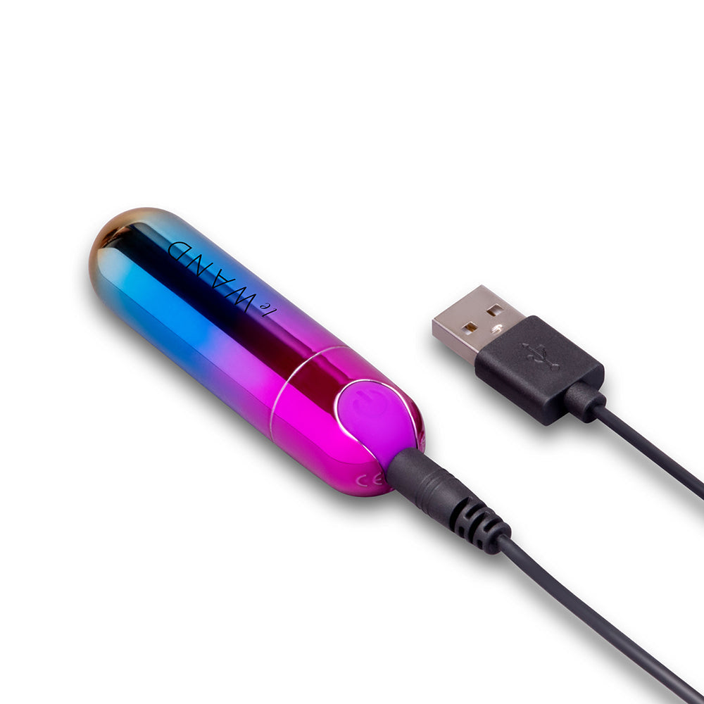 Le Wand Essentials Rechargeable Rainbow Bullet Vibrator in a vibrant rainbow finish with USB charging cable.