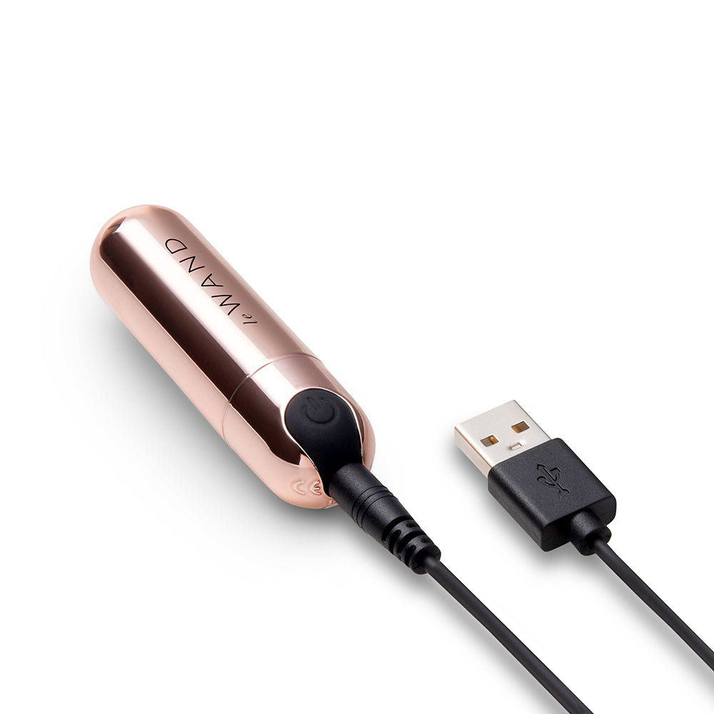 Le Wand Essentials Mini Rose Gold Bullet Vibrator with USB charging cable for convenient use.