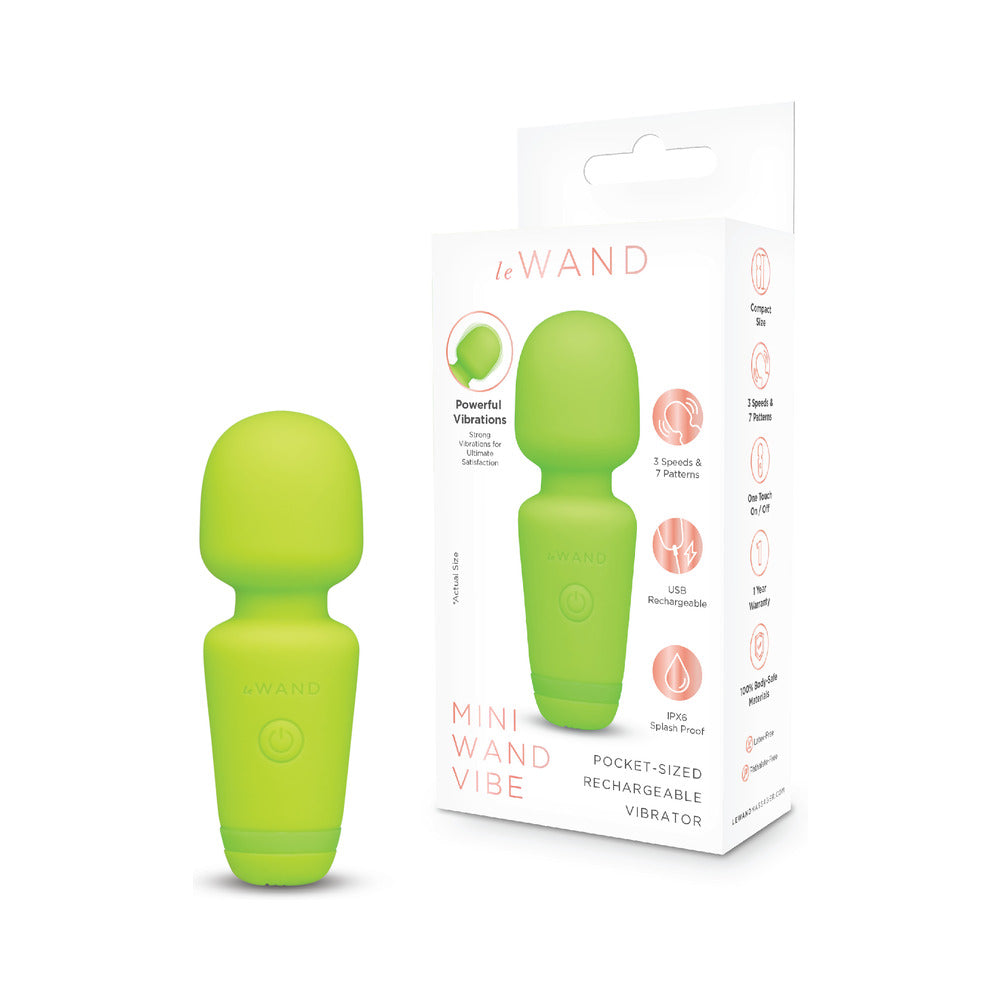 Le Wand Essentials Mini Wand Vibe Pocket-sized Vibrator with packaging, displaying its powerful features and compact design.