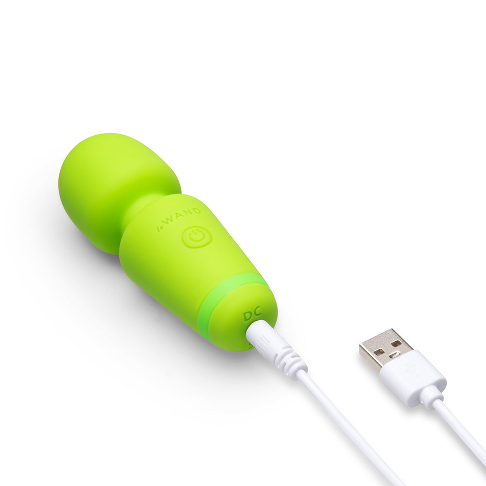 Le Wand Essentials Mini Wand Vibe Pocket-sized Vibrator in green with charging cable