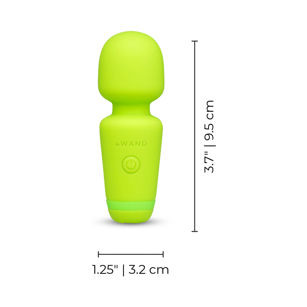Le Wand Essentials Mini Wand Vibe Pocket-sized Vibrator in vibrant green color with dimensions displayed.