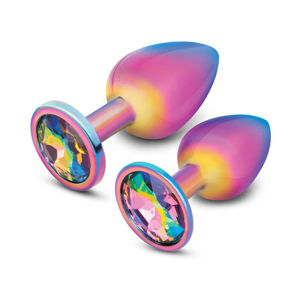 B-vibe Essentials 2-piece Rainbow Bling Anal Training Set featuring colorful, gem-topped plugs for beginners.