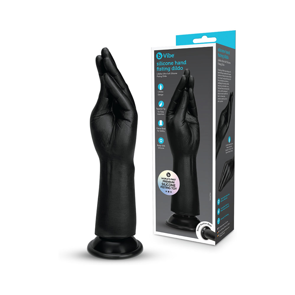 B-vibe Essentials Silicone Hand Fisting Dildo Black on display with packaging, designed for intimate hand play.