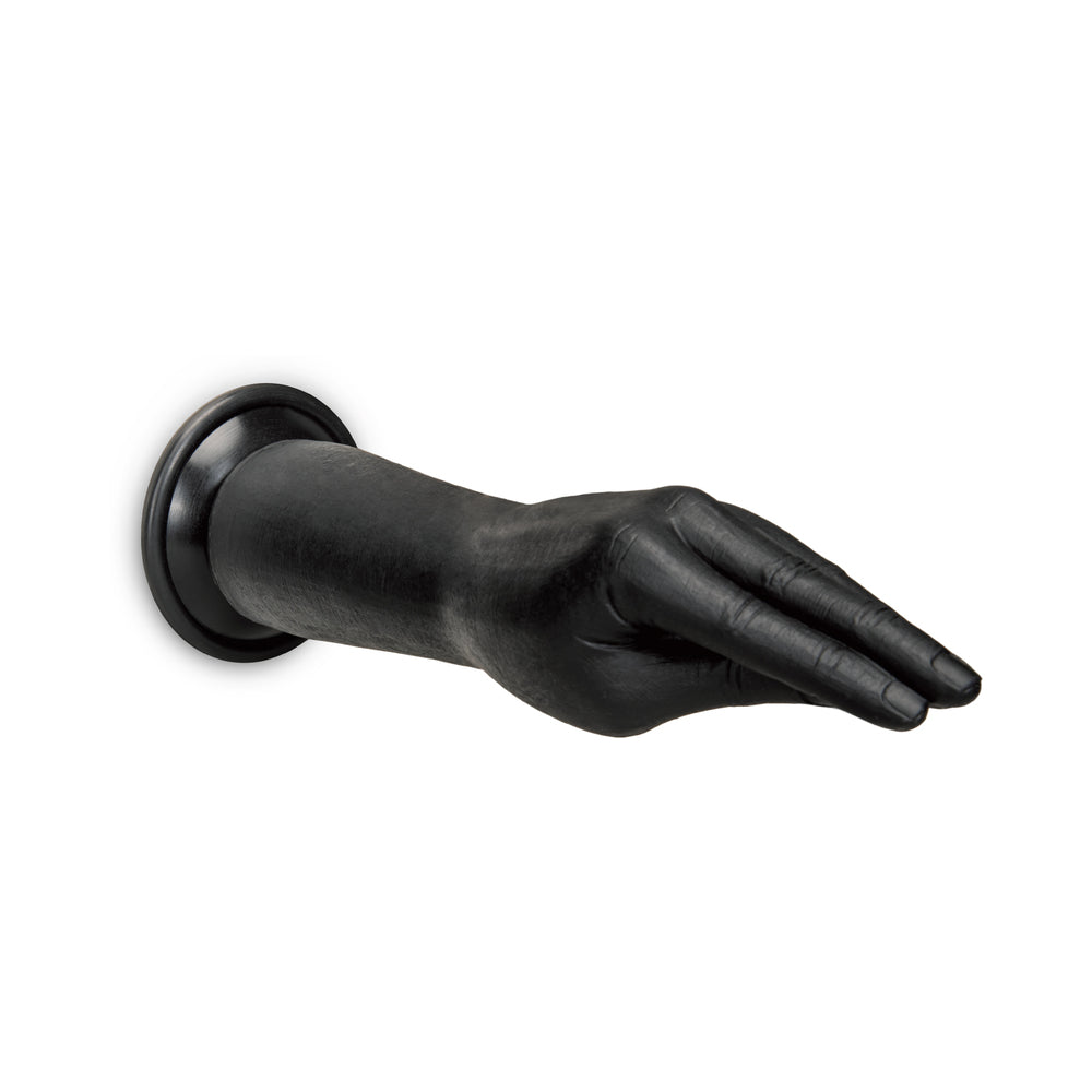 B-vibe Essentials Silicone Hand Fisting Dildo Black showcasing realistic hand design for advanced play.